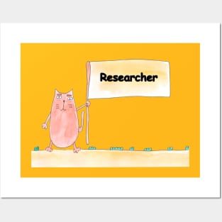 Researcher. Profession, work, job. Cat shows a banner with the inscription. Watercolor illustration. A gift for a professional. Posters and Art